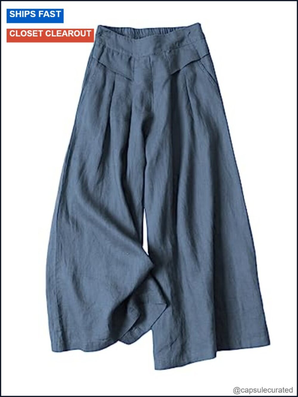 Cotton Linen Wide Leg Capri Culottes Pants with Pockets